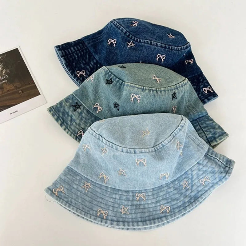 Autumn Butterfly Star Embroidery Washed Denim Bucket Hat