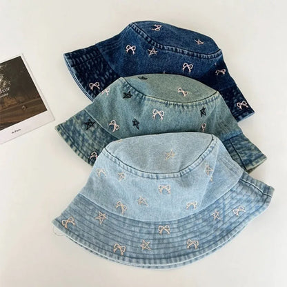 Autumn Butterfly Star Embroidery Washed Denim Bucket Hat