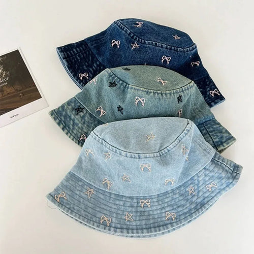 Autumn Butterfly Star Embroidery Washed Denim Bucket Hat