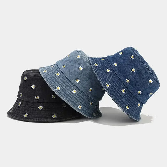 Denim Flower Embroidered Bucket Hat