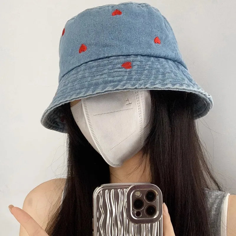 Korean Embroidered Heart Washed Denim Bucket Hat