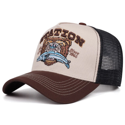 Bear Eating Fish Mesh Hip Hop Baseball Cap