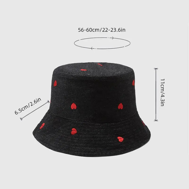 Korean Embroidered Heart Washed Denim Bucket Hat