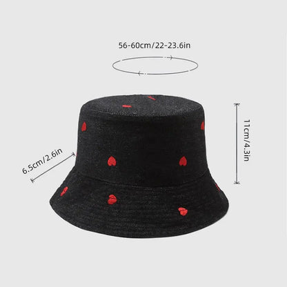 Korean Embroidered Heart Washed Denim Bucket Hat
