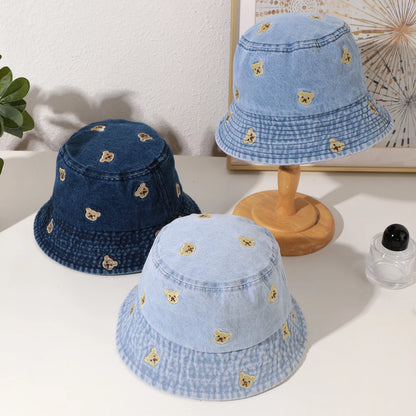 Japanese Bear Embroidered Retro Fisherman Bucket Hat