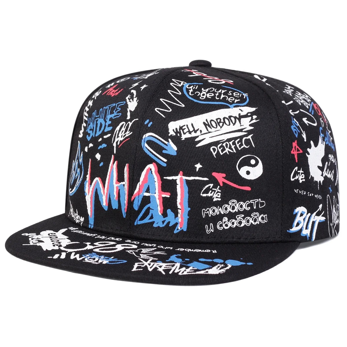 Unisex WHAT Graffiti Print Hip Hop Snapback Cap