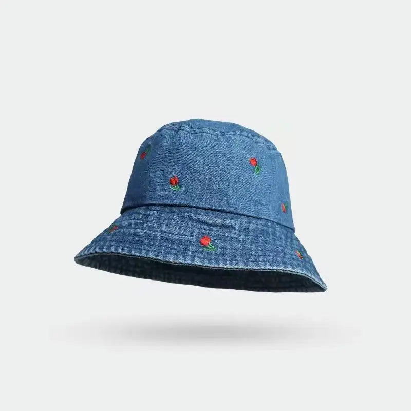 Bucket Hat Women Denim Embroidered Flower Summer Hats