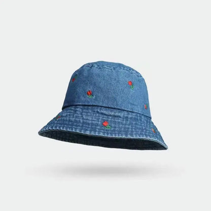 Bucket Hat Women Denim Embroidered Flower Summer Hats