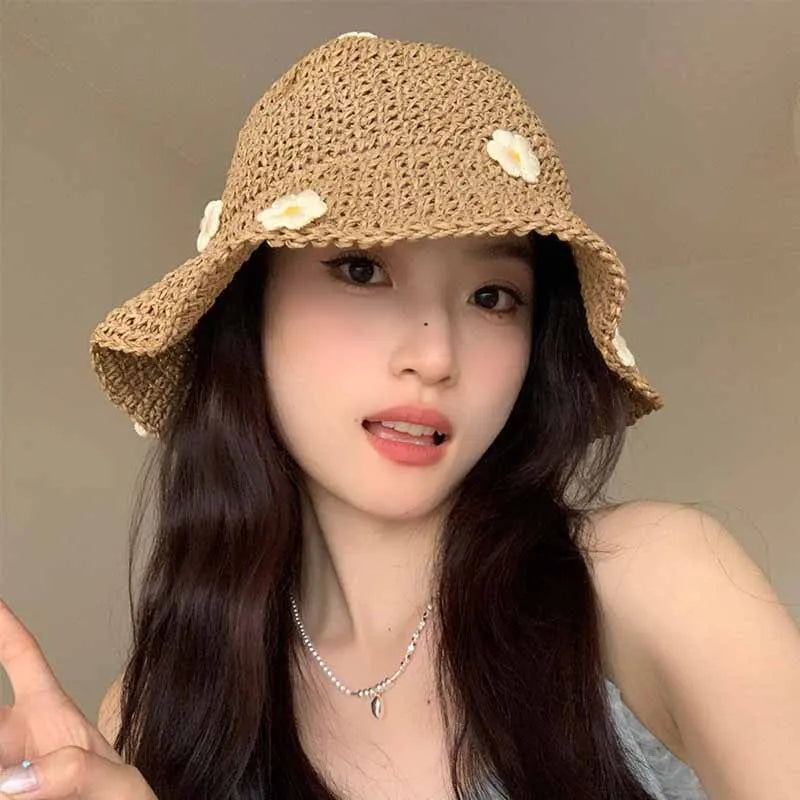 Small Daisy Solid Color Woven Straw Bucket Hat