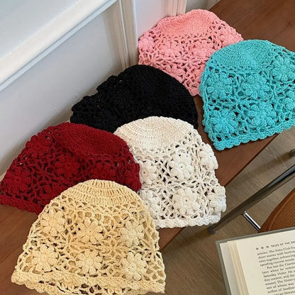 Sweet Y2K Crochet Flower Knit Bucket Hat