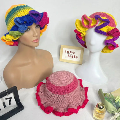 Handmade Crochet Conical Ruffled Brim Bucket Hat