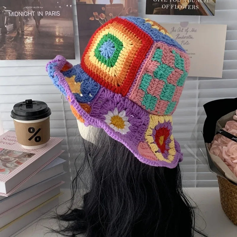 Korean Contrasting Flower Handmade Crochet Bucket Hat