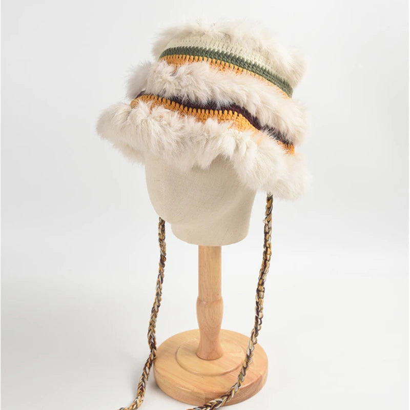 Rabbit Fur Crochet Color Block Earflap Bucket Hat