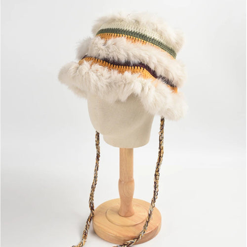 Rabbit Fur Crochet Color Block Earflap Bucket Hat