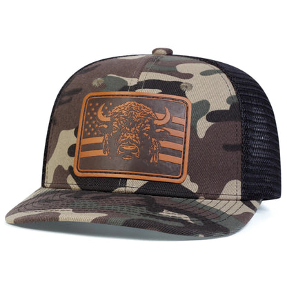 Unisex Brown Flag Bull Head Leather Label Baseball Net Caps