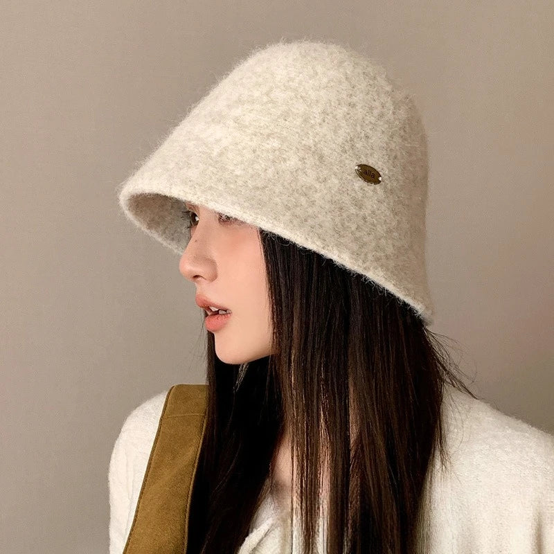 Winter Wool Solid Bucket Hat for Women