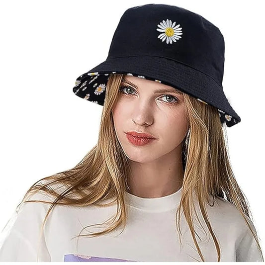 Unisex Double-Sided Daisy Embroidered Cotton Bucket Hat