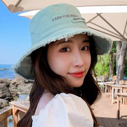 Solid Color Letter Embroidery Wide Brim Bucket Hat