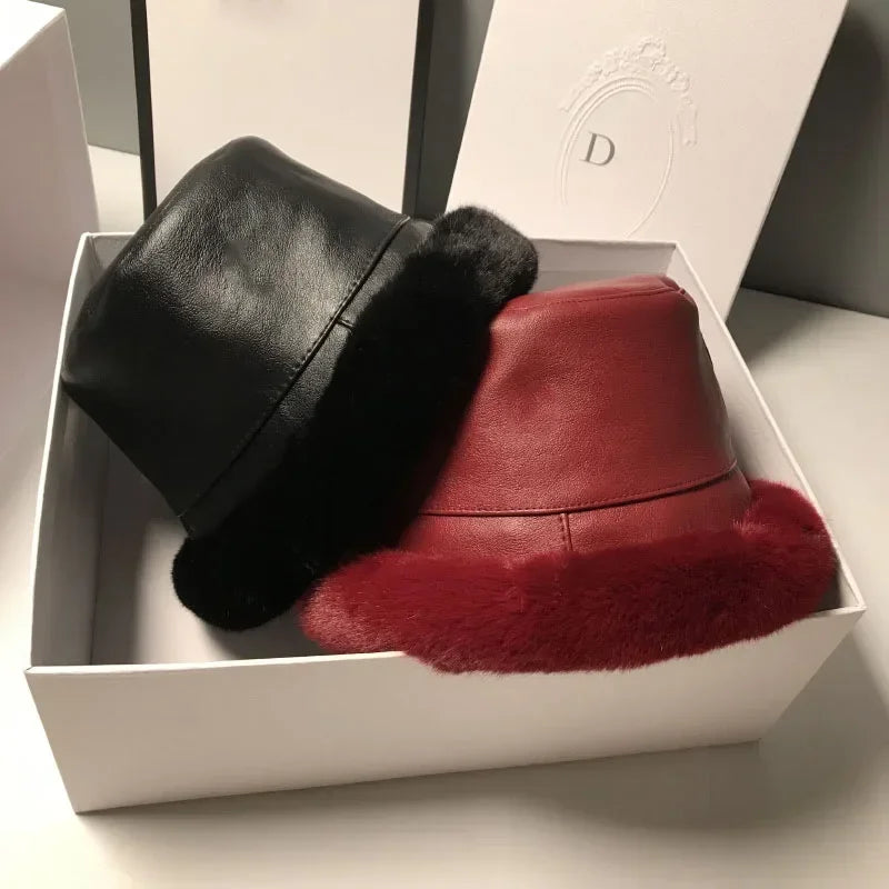 MAXSITI Faux Leather Fur Bucket Hat