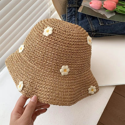 Woven Flower Straw Summer Bucket Hat