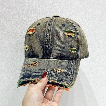 Korean Rainbow Cracked Denim Duck Tongue Baseball Cap