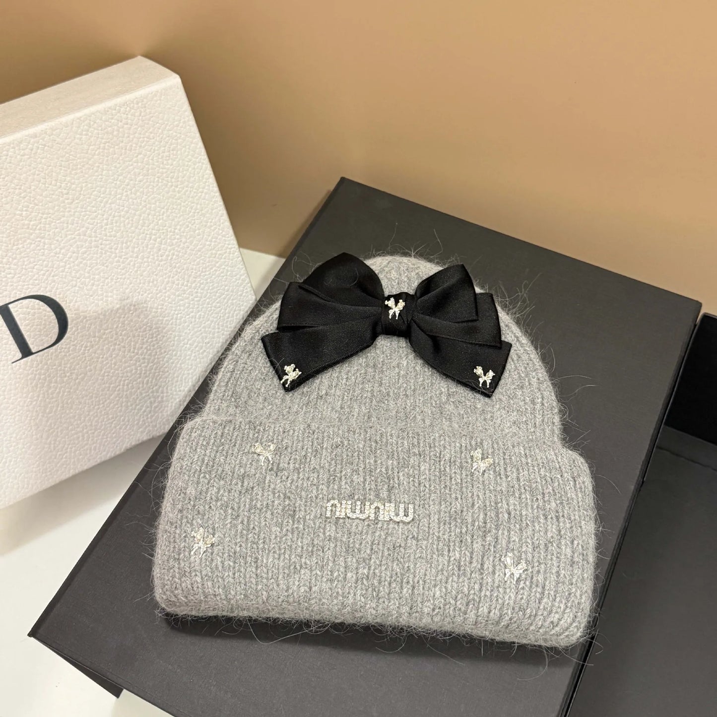 Luxury Rabbit Fur Knit Winter Beanie with Bow