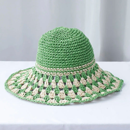 Green Korean Handmade Straw Summer Beach Bucket Hat