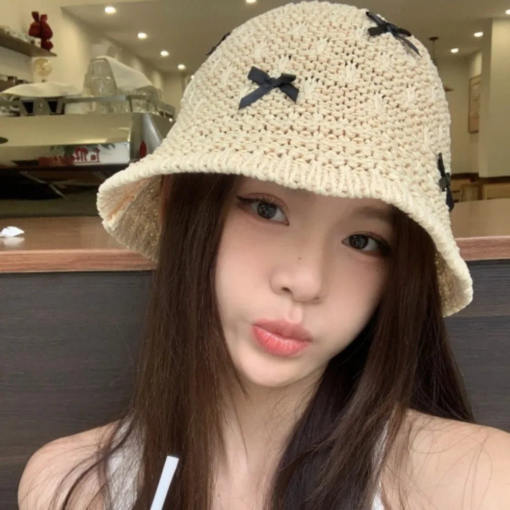 Mini Bow Korean Straw Beach Bucket Hat