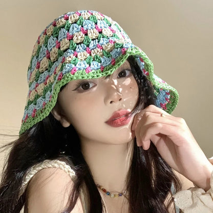 Colorful Dopamine French Hollow Straw Bucket Hat