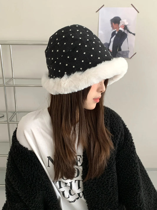 Winter Polka Dot Plush Bucket Hat