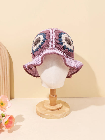 Retro Pink Purple Crochet Knit Bucket Hat