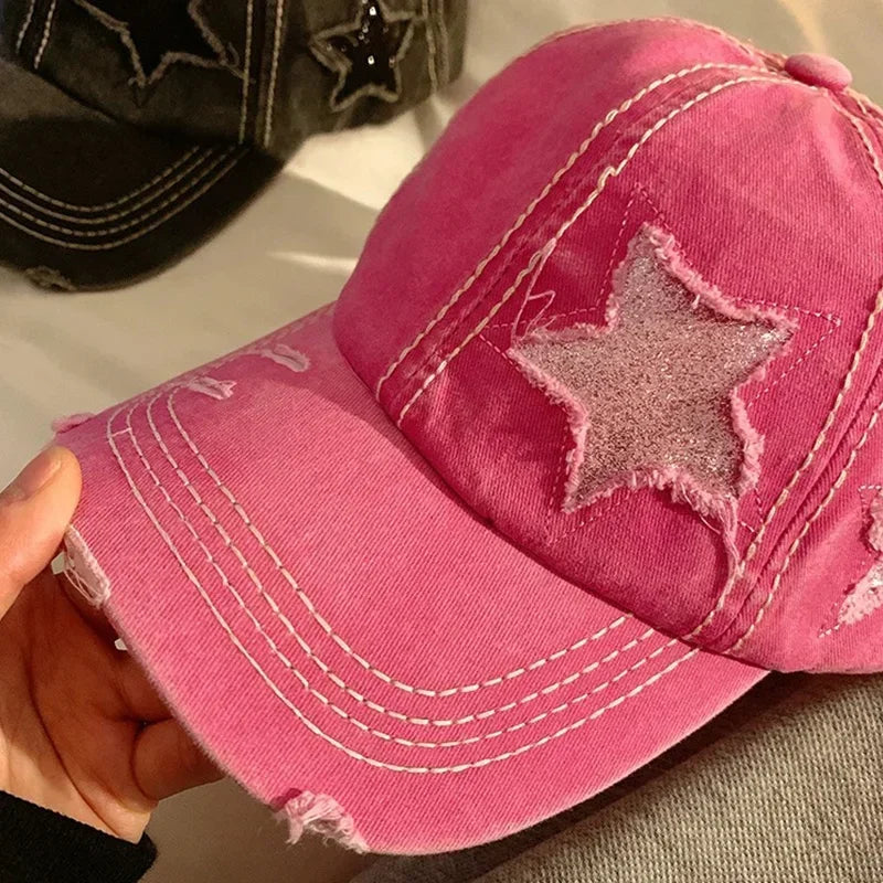 Retro Y2K Star Washed Denim Hole Star Baseball Cap