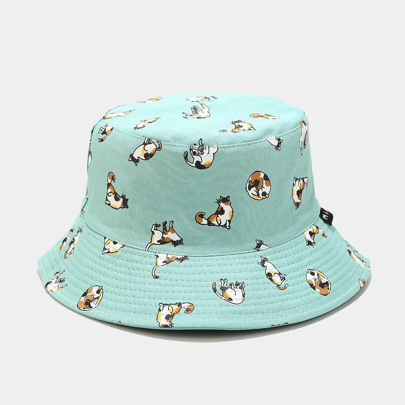 Cartoon Cat Embroidery Cotton Bucket Hat