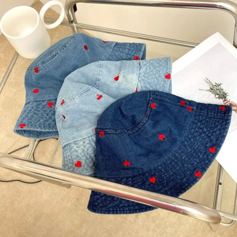 Women’s Embroidered Heart Denim Bucket Hat