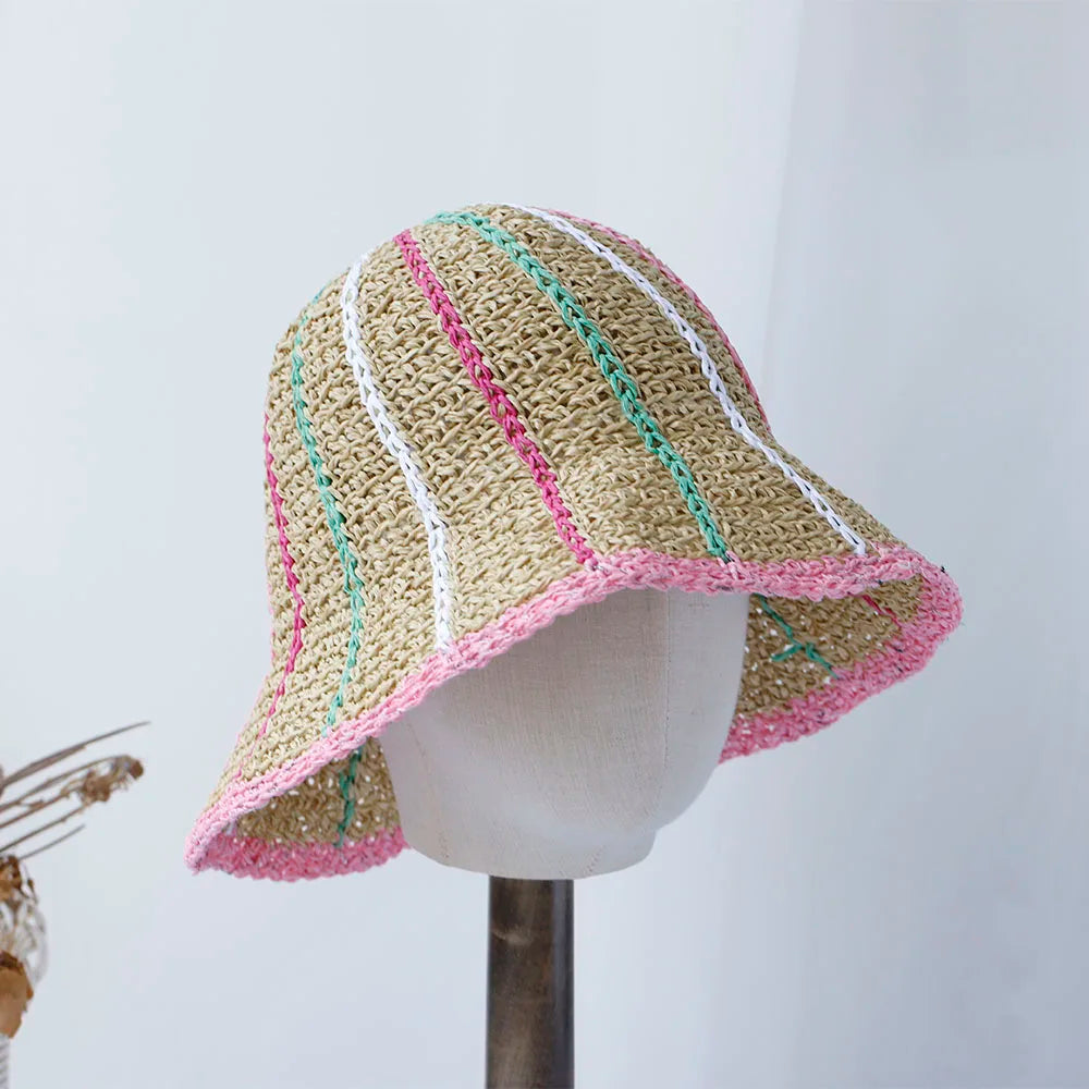 Rainbow Crochet Straw UV Visor Bucket Hat