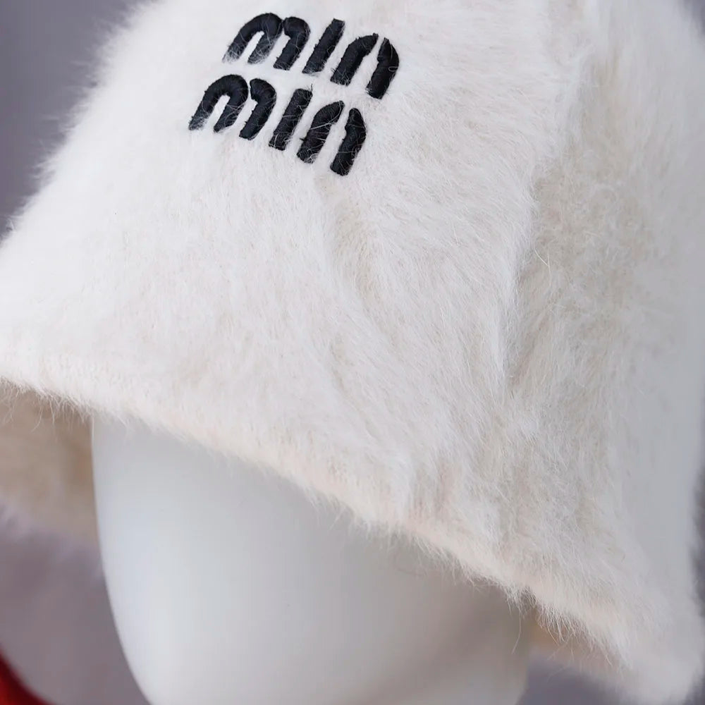 Plush Rabbit Fur Winter Bucket Hat for Women