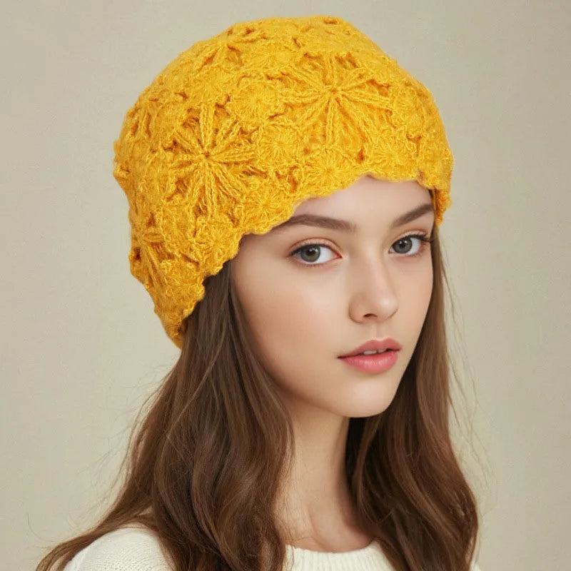 Floral Knit Winter Beret Bucket Hat