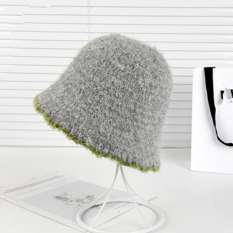 Autumn Winter Knitted Plush Warm Bucket Hat for Women