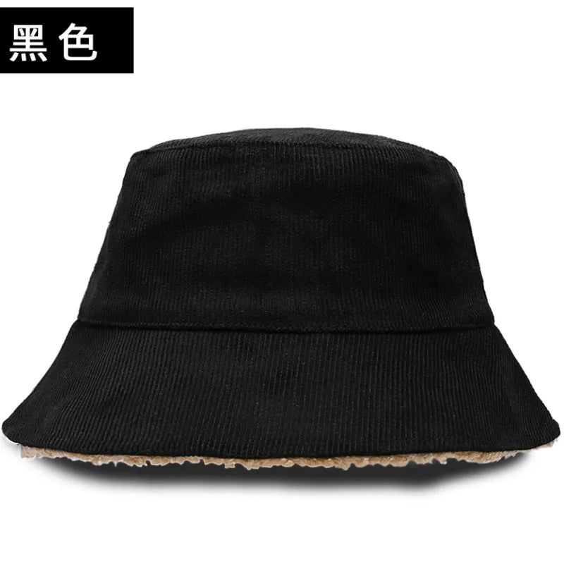 Double-Sided Corduroy Fur Winter Bucket Hat Unisex Warm Fisherman Cap