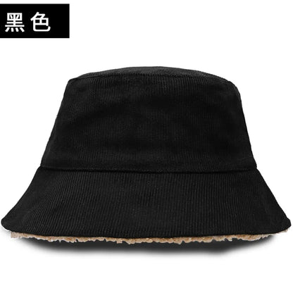 Double-Sided Corduroy Fur Winter Bucket Hat Unisex Warm Fisherman Cap