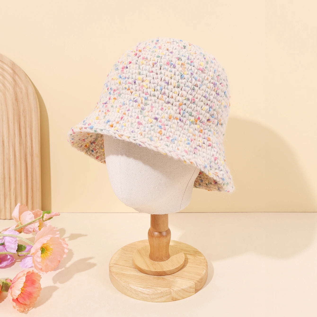 Colorful Knitted Bucket Hat Women Autumn Winter