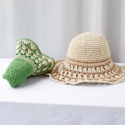 Green Korean Handmade Straw Summer Beach Bucket Hat