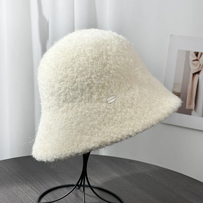 Woolen Letter Metal Logo Warm Bucket Hat