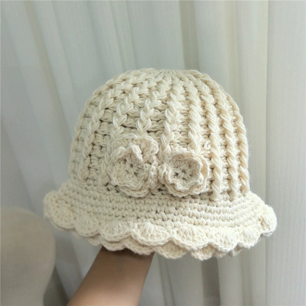 Winter Warm Crochet Woolen Flower Bucket Hat