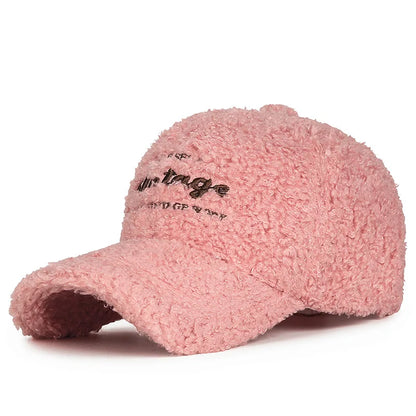 Lamb Plush Warm Embroidered Letter Baseball Hat