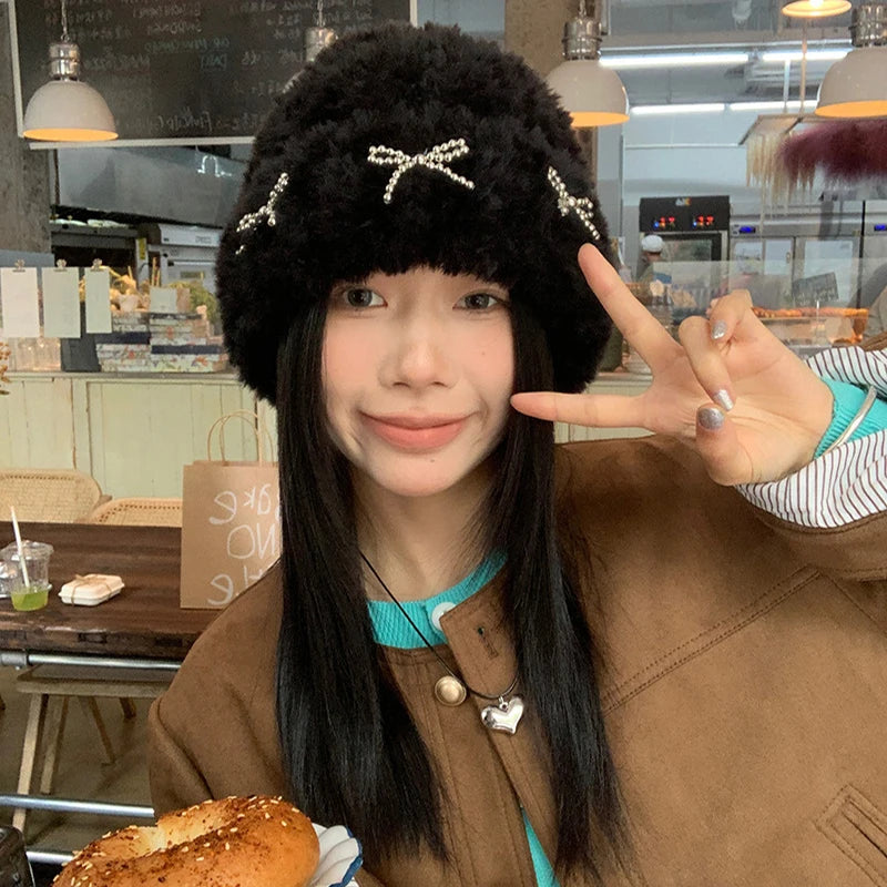 Metal Bow Plush Knitted Fur Bucket Hat