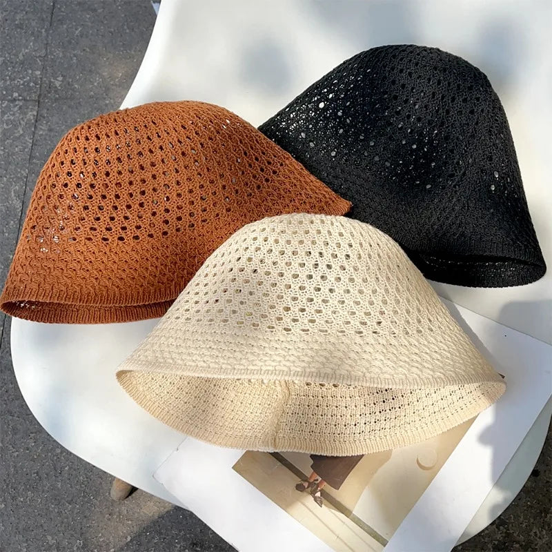 Spring Summer Hollow Knitted Beach Bucket Hat