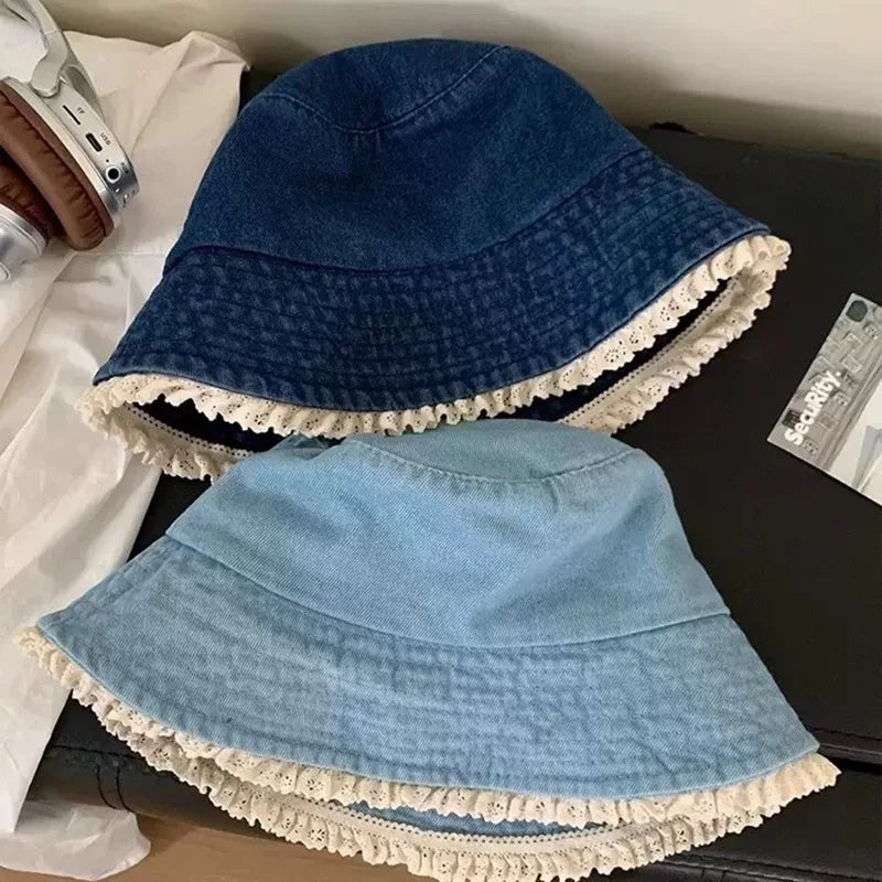 Lace Ruffle Denim Korean Wide Brim Bucket Hat