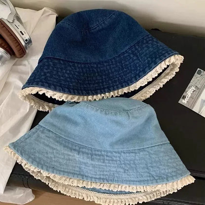 Lace Ruffle Denim Korean Wide Brim Bucket Hat