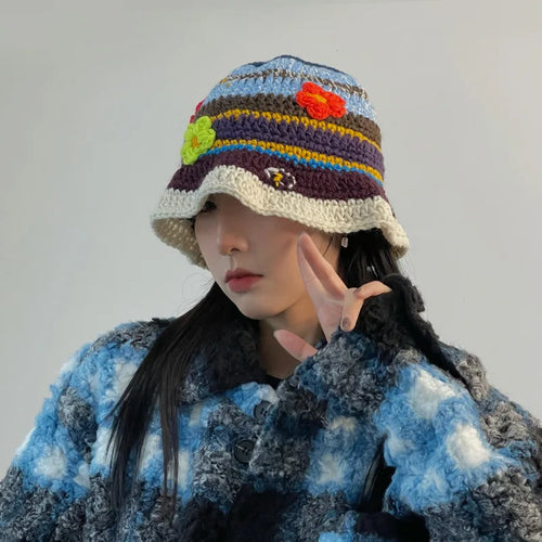 Korean Retro Flower Crochet Knitted Hollow Bucket Hat
